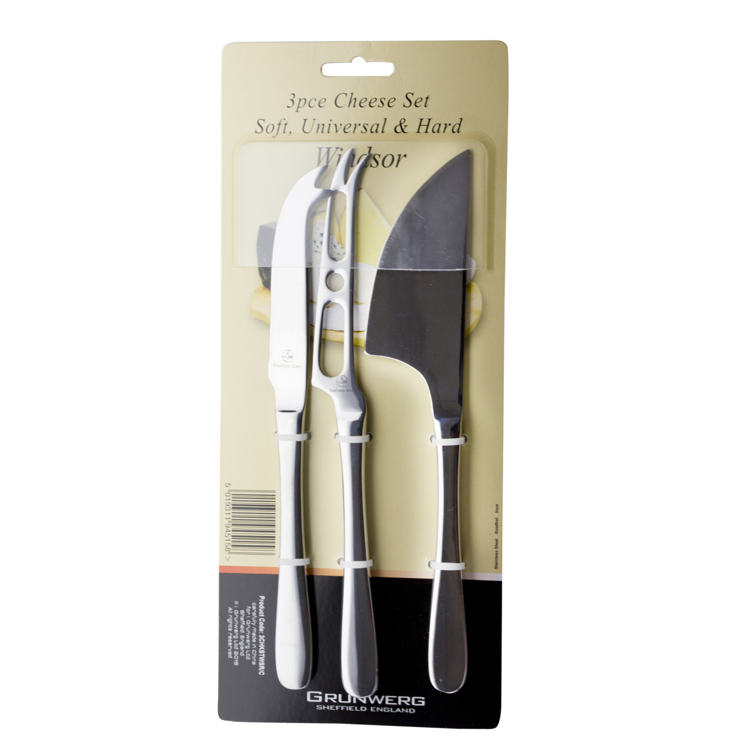 Grunwerg Windsor Stainless Steel Cheese Knives Set 3 piece Soft Universal Hard 