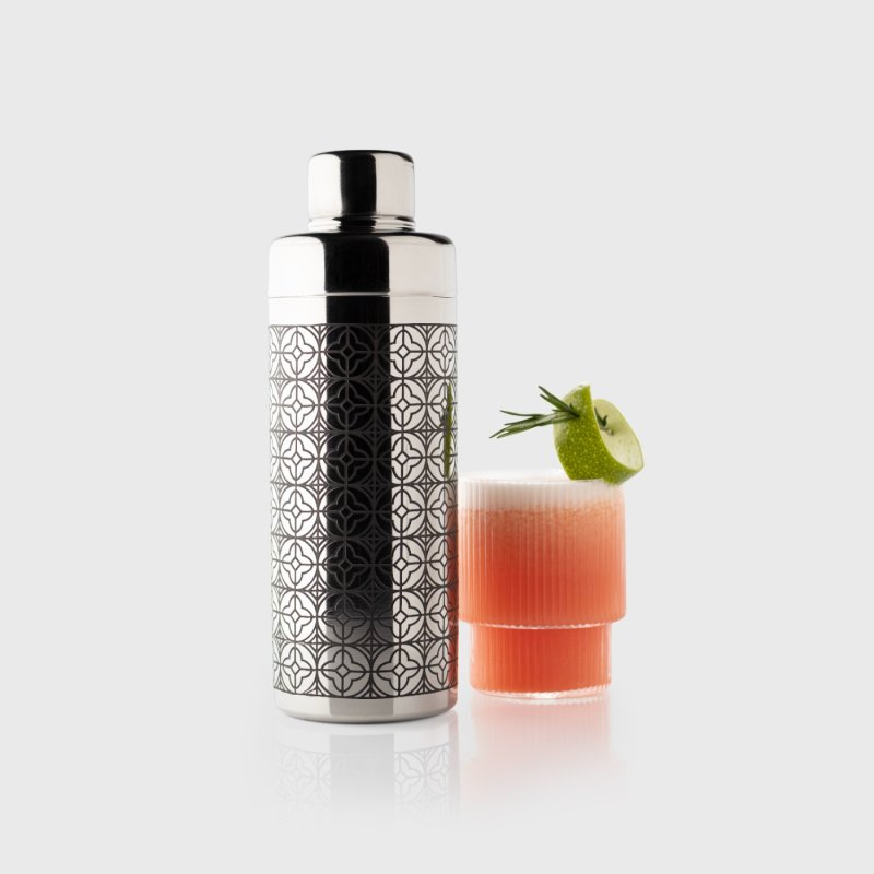 TAPROOM ETCHED ART DECO STAINLESS STEEL COCKTAIL SHAKER