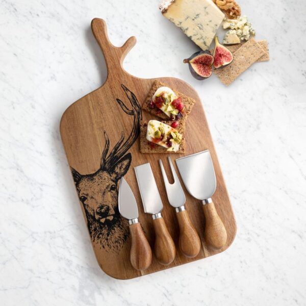 STAG ACACIA WOOD CHEESE KNIFE AND BOARD SET - 5 PIECE SET