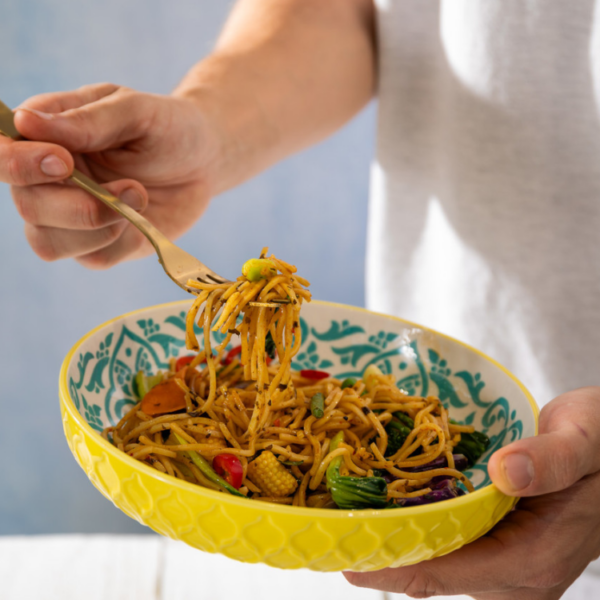MIKASA LARGE SHALLOW BOWL - YELLOW/BLUE GEOMETRIC