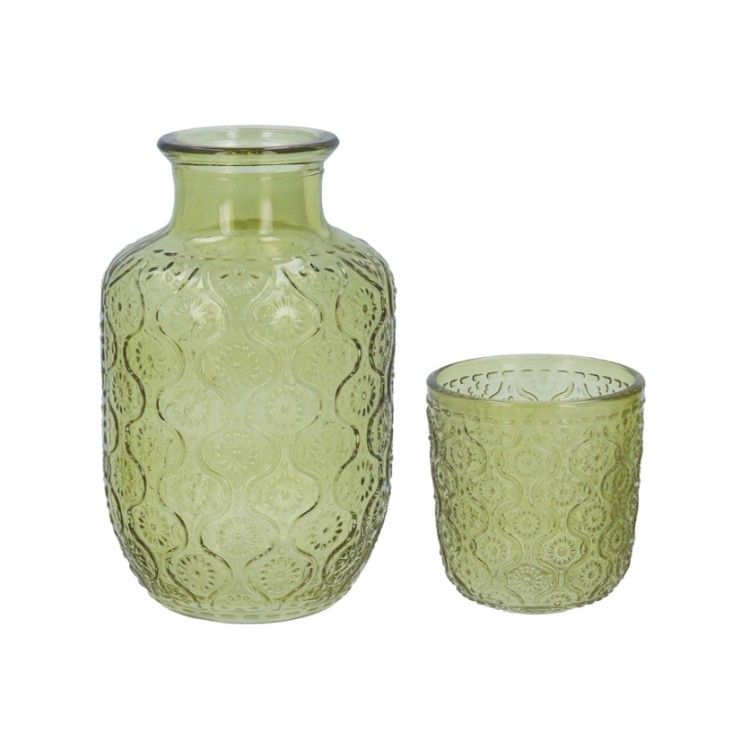 GLASS WATER CARAFE WITH GLASS -GREEN DAISY