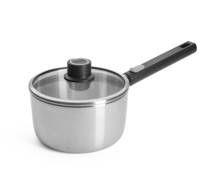 WOLL ‘LOGIC STEEL’ SAUCEPAN WITH GLASS LID & REMOVABLE HANDLE – 18CM
