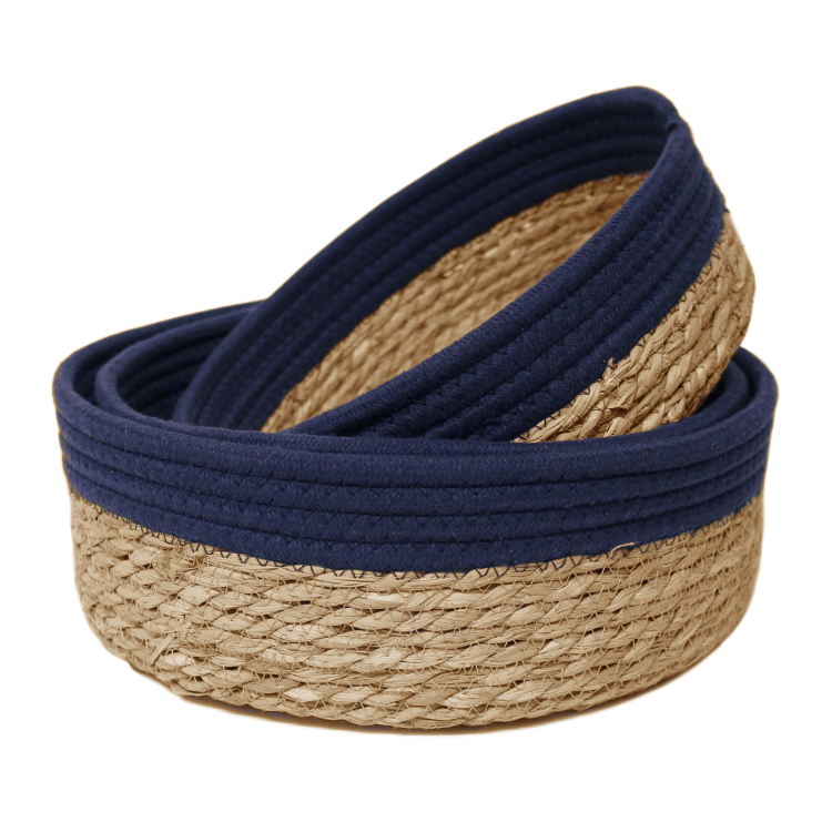 NESTING WOVEN BASKETS WITH NAVY BORDER - SET OF 3