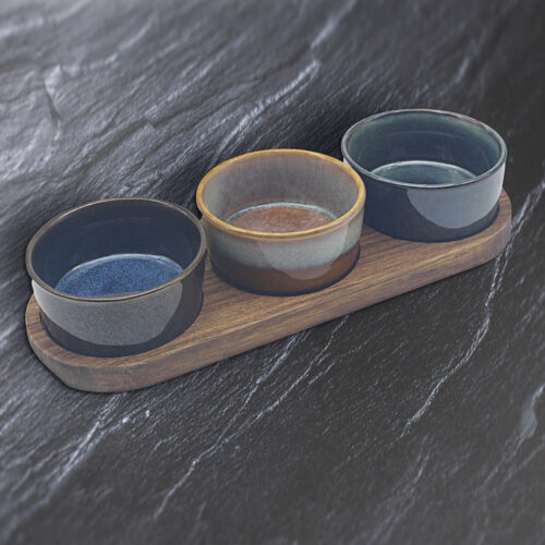 ELEMENTS SERVE BOARD WITH 3 ROUND NIBBLE BOWL SET