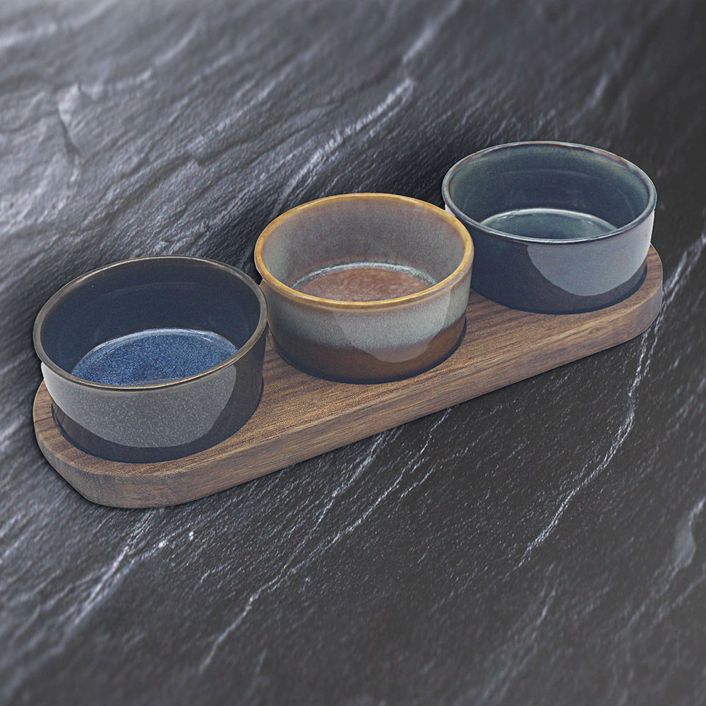 ELEMENTS SERVE BOARD WITH 3 ROUND NIBBLE BOWL SET