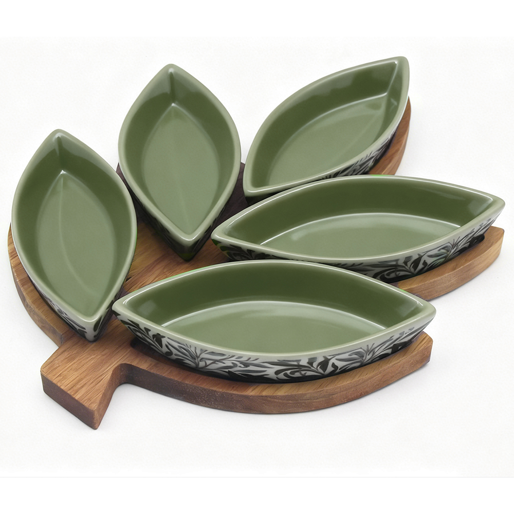 WILLOW BOUGH LEAF SERVE BOARD WITH 5 NIBBLE BOWLS
