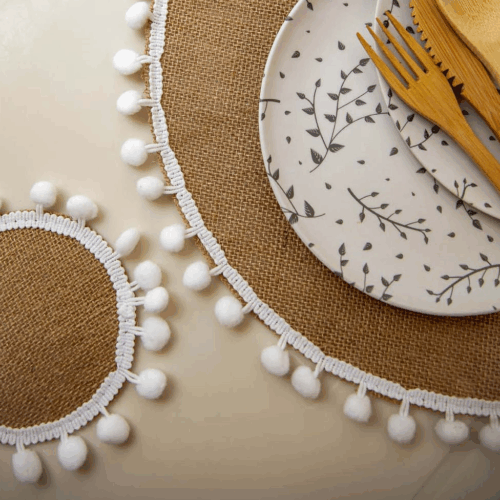 HESSIAN PLACEMATS WITH POM POM EDGE - SET OF 4