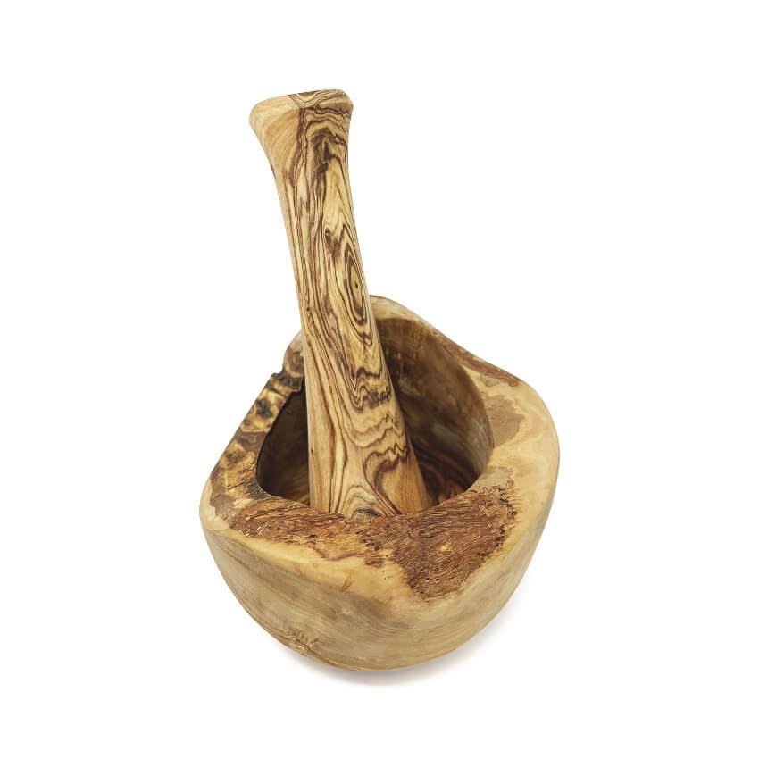 OLIVE WOOD PESTLE AND MORTAR - RUSTIC