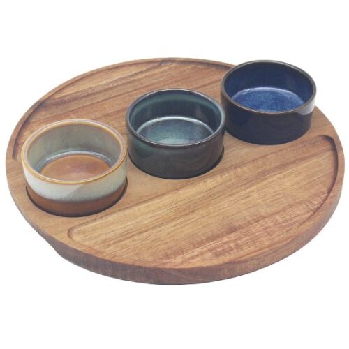 ELEMENTS ROUND WOODEN TRAY WITH 3 DISHES