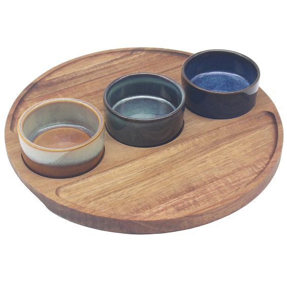 ELEMENTS ROUND WOODEN TRAY WITH 3 DISHES
