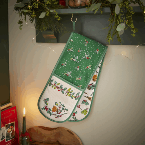 CHRISTMAS ROBINS DOUBLE OVEN GLOVE
